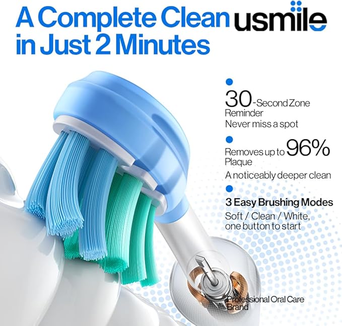 usmile P10S Sonic Electric Toothbrush – 3 Modes Deep Clean &amp Whitening 180-Day Battery Life Cushioned Gum-Care Brush Head for Sensitive Teeth Smart Timer 2 Brush Heads (Blue)
