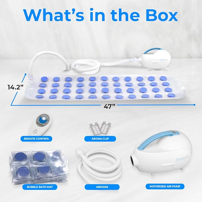 SereneLife Portable Spa Bubble Bath Massager - Waterproof Non-Slip Mat with Suction Cup Bottom Motorized Air Pump and Adjustable Bubble Settings Remote Control Included 47 x 14