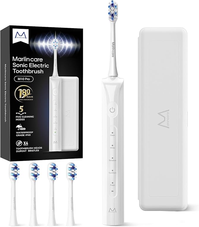 Electric Toothbrush for Adults 180 Days Battery Life Rechargeable Sonic Toothbrush with 4 Brush Heads Smart Timer 55000VPM for Deep Cleaning &amp Whitening with 5 Modes Travel Case White