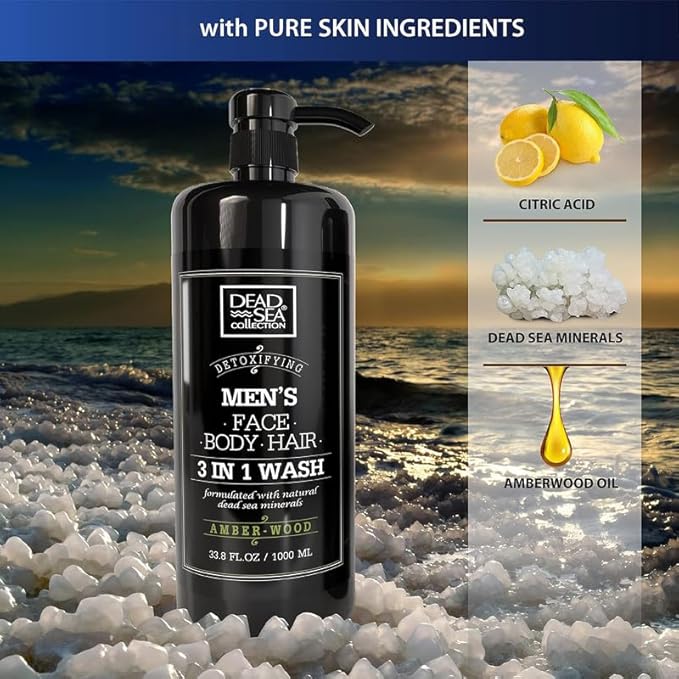 Dead Sea Collection Amber Wood Men’s Body Wash – 3 in 1 Body Wash for Men for Hair Face &amp Body – Moisturizing Shower Gel with Dead Sea Minerals – Pack of 2 (33.8 fl oz each)