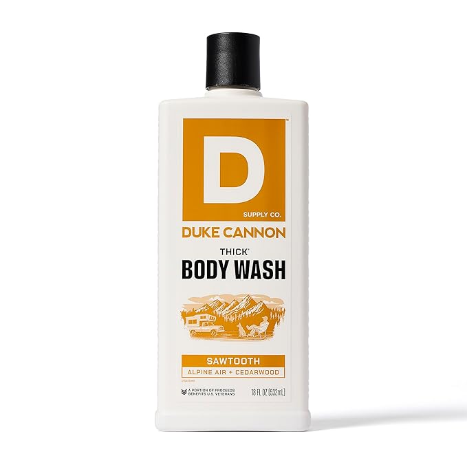 Duke Cannon Supply Co. Thick High Viscosity Body Wash - 3X Thicker Plant-Based Mineral-Enriched Body Wash for Men - Mens Body Scrub - Sawtooth Bourbon Midnight Swim &amp Superior