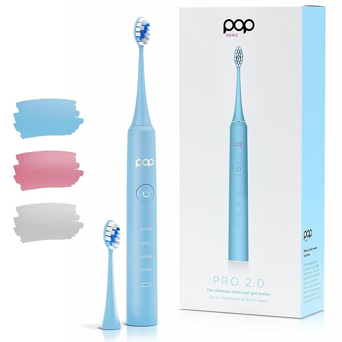 Pop Sonic Pro 2.0 Electric Toothbrush (Blue) Rechargeable Sonic Toothbrush with 45000 Vibrations Per Minute &amp 4 Cleaning Modes for Adults &amp Kids with Long Lasting Dupont Nylon Bristles