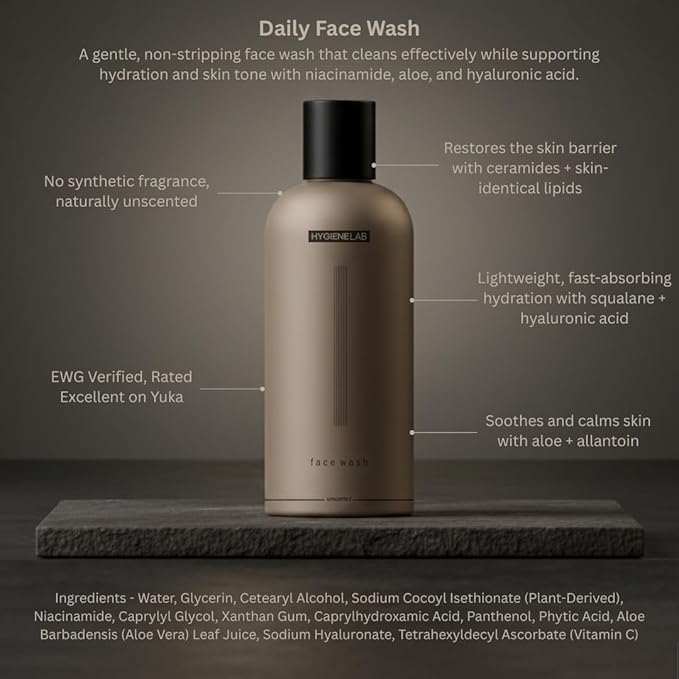 HygieneLab Face Wash – EWG Verified Gentle &amp Hydrating Cleanser with Aloe Niacinamide &amp Vitamin C Removes Dirt Without Stripping Skin (5 fl oz)