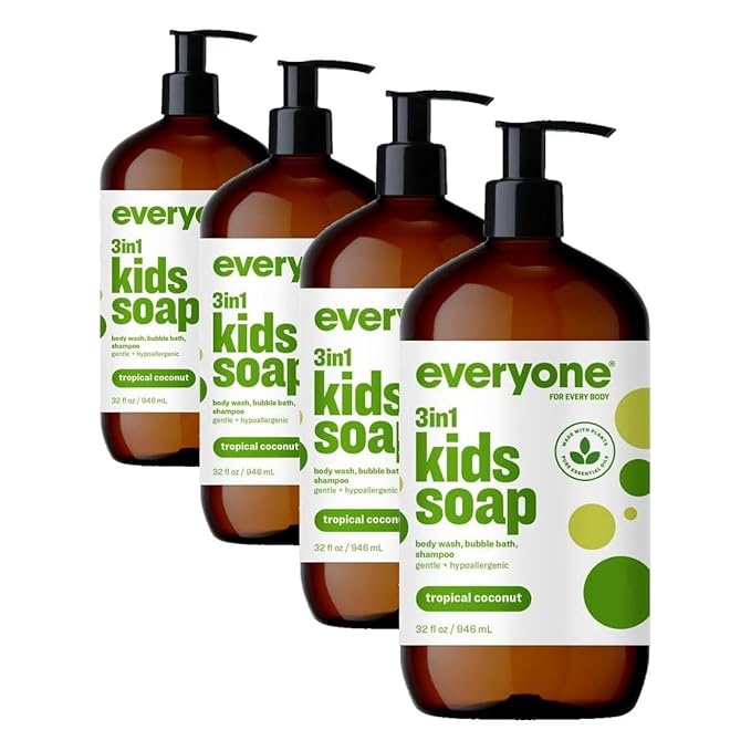 Everyone 3-in-1 Kids Soap Body Wash Bubble Bath Shampoo 32 Ounce (Pack of 4) Tropical Coconut Coconut Cleanser with Plant Extracts and Pure Essential Oils