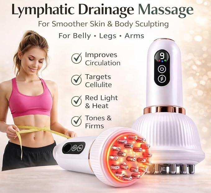 Lymphatic Drainage Massager for At-Home Body Care Sculpting Massage Tool for Legs Arms Belly &amp Back Helps Reduce Stretch Marks &amp Cellulite Smooth Skin &amp Relax Muscles with Heat Vibra