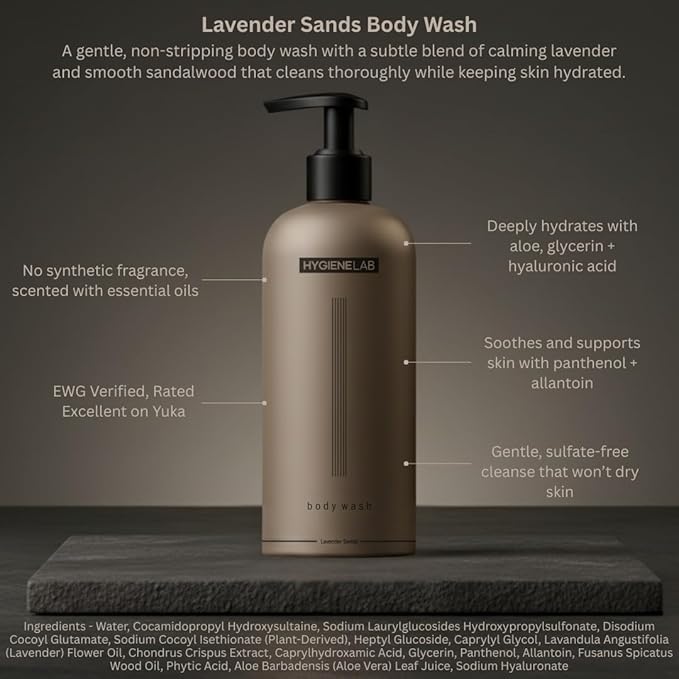 HygieneLab Mens Natural Body Wash - Ultra Hydrating EWG Verified Clean Formula Lavender Sands Scent Sulfate-Free Paraben-Free Phthalates-Free Gentle &amp Effective for Healthy Skin (16.9 oz)