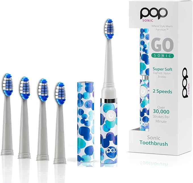 Pop Sonic Electric Toothbrush (Blue Bubbles + 4 Brush Heads) - Travel Toothbrushes w/AAA Battery | Kids Electric Toothbrushes with 2 Speed &amp 15000-30000 Strokes/Minute Dupont Nylon Bristles