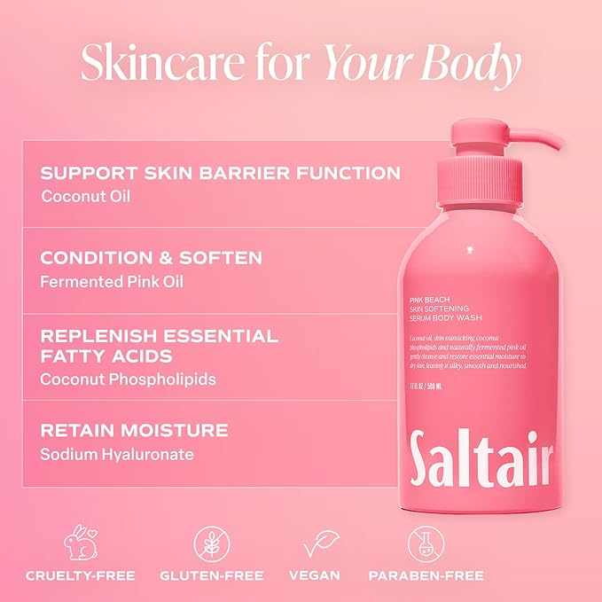 Saltair Body Wash Pink Beach 2-Pack. Moisturizing Body Cleanser &amp Multi-Lipid Body Butter - Rich Nourishing Pink Beach Hydrating Body Cream Bundle