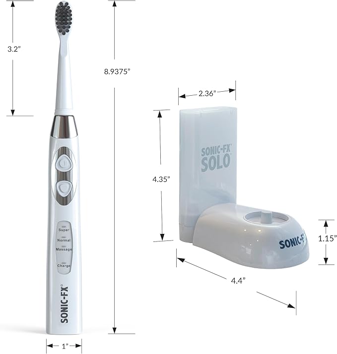 Sonic-FX Solo Electric Toothbrush w/ 10 Brush Heads + 1 Interdental Charcoal Bristles Rechargeable Charging/Storage Base 3 Brush Modes Smart Timer 2 Months Use on Full Charge White Color