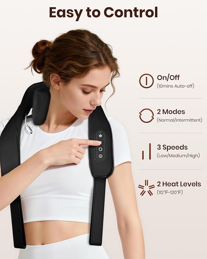 Brushless Neck Massager with Heat Cordless 6D Neck Massager for Pain Relief Deep Tissue Neck and Shoulder Massager with 3 Speeds Ideal Gift for Friends Family