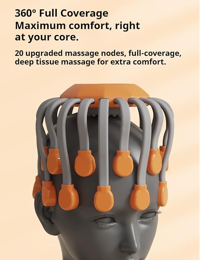 Head Massager Official Anti-Stress Massager for Migraines with 5 Modes &amp 3 Levels Adjustable 360° Cordless Touch Scalp Massager for Stress Relax &amp Sleep Aid (Orange)