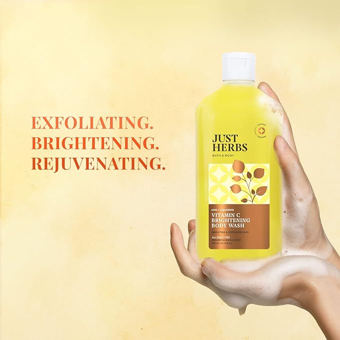 Just Herbs Vitamin C Brightening Body Wash with Lime and Liquorice for Men &amp Women | Hydrates Skin Reduces Hyperpigmentation &amp Maintains pH Level | Suits All Skin Types- 300 ml
