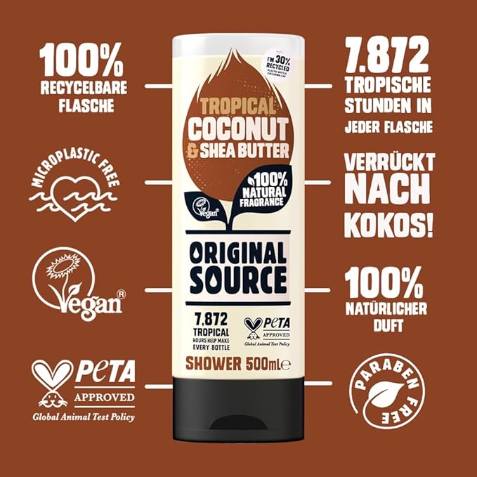 Original Source Coconut and Shea Butter Shower Gel 100 Percent Natural Fragrance Vegan Cruelty Free Paraben Free Bulk Buy Pack of 6 x 500 ml