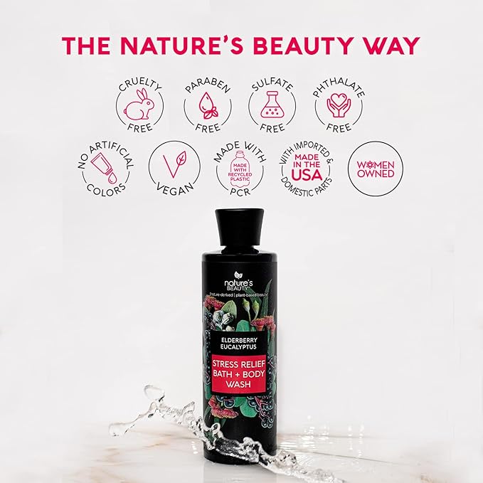 Nature's Beauty Elderberry Eucalyptus Stress Relief Body Wash Multi-Pack - Gentle Bath + Body Cleanser Restore Skin Made w/Shea Butter Avocado Oil and Sweet Almond Oil 12 fl oz (2 Pack)