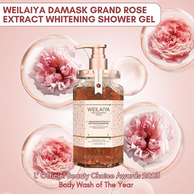 Weilaiya Damask Grand Rose Extract Shower Gel – 450mL / 15.2 fl oz – Moisturizing Body Wash with Natural Rose Essence – Gentle Hydrating Aromatherapy Cleanser for All Skin Types