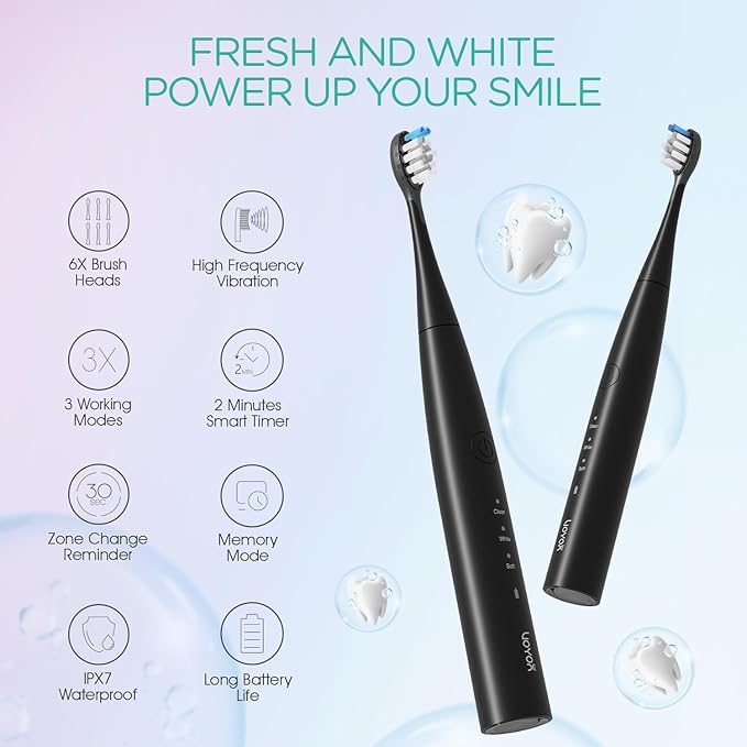 VOYOR-HEALTH Sonic Electric Toothbrush for AdultsTooth Brushes with 6 Brush Heads70-Day Battery LifeIPX7 Waterproof Rechargeable Travel Toothbrushes with 3 Modes for Family Use ET110(Black)