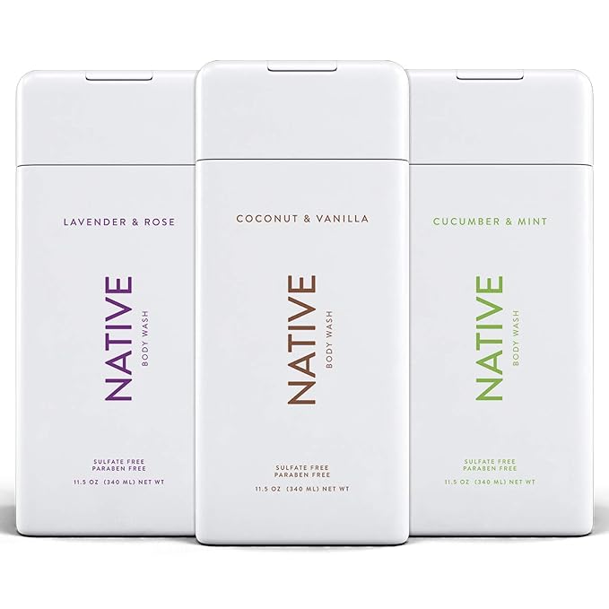 Native Body Wash 3 Pack - Natural Body Wash Women &amp Men - SLS &amp Paraben Free - Cucumber &amp Mint Coconut &amp Vanilla Lavender &amp Rose