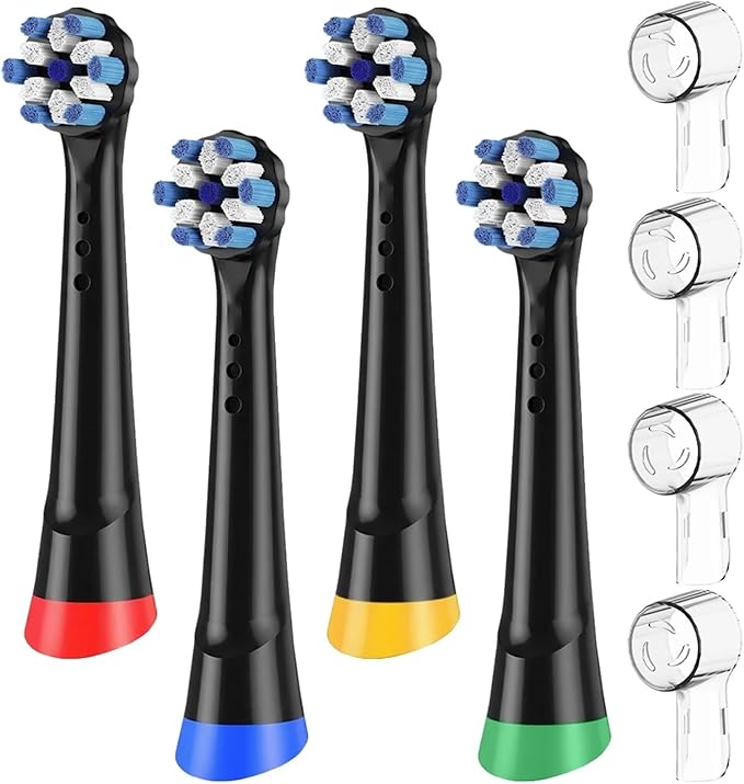 4X Replacement Brush Heads &amp 4X Toothbrush Head Protective Caps Compatible for Oral B iO 2/3/4/5/6/7/8/9 Electric Toothbrushes(Black-Clear)