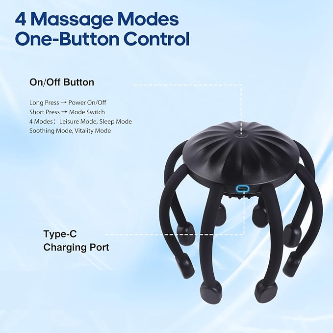 Head Massager Scalp Electric with 4 Modes 360° Electric Head Massager Rechargeable Electric Octopus Scalp Massager Portable Scalp Stress Relax Massage Tool Free Hands