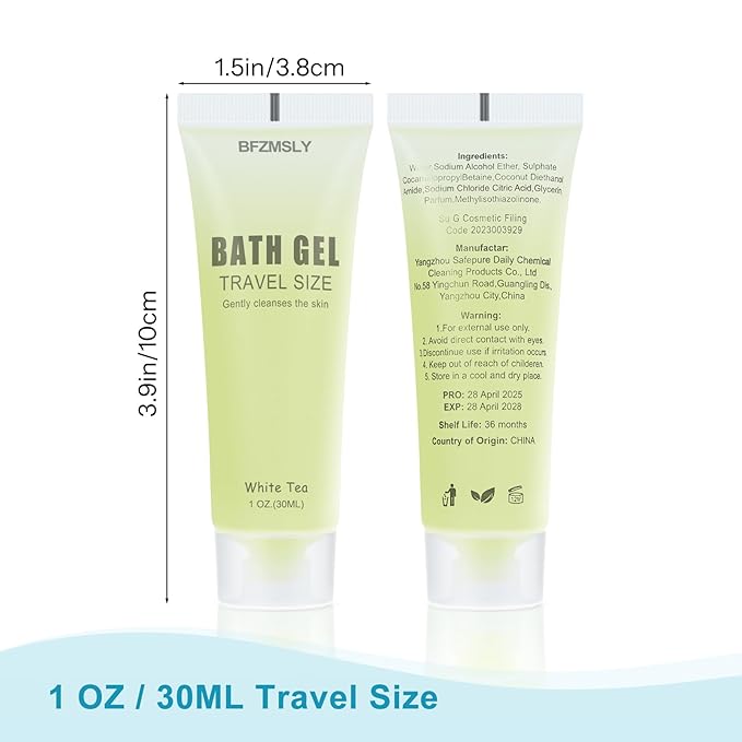 100 Pack Bulk Travel Size Body Wash 1oz Tubes White Tea Scent Mini Shower Gel for Hotel Guests TSA Approved Toiletries Individually Sealed for Airbnb Vacation Rentals