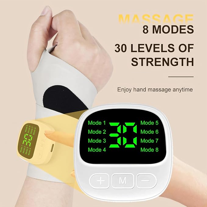 Rechargeable Adjustable Electric Wrist MassagerPortable Cordless Carpal Tunnel Wrist Massager with 8 Modes 30 Intensity LevelsWearable Hand Heating Pad for Hand Pain Relief (Blue)