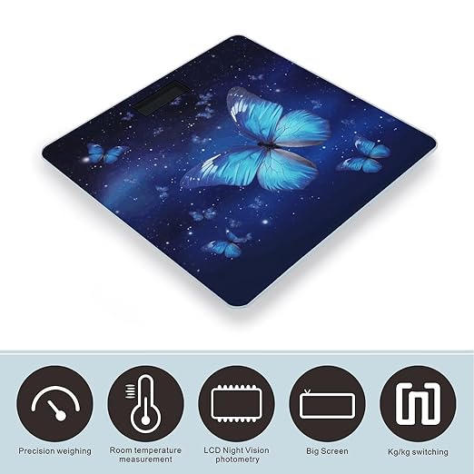 Blue Starry Butterfly Scale with LCD Precision Weighing Scales Sturdy Tempered Glass Weight Scales Easy-to-Read Anti-Slip Weight Digital Bathroom Scale for Daily