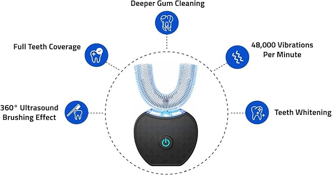 Scandinavian Smiles U-Shaped ToothbrushElectric Toothbrush for Adults360°Teeth Whitening Dental Tooth Cleaner (Black)