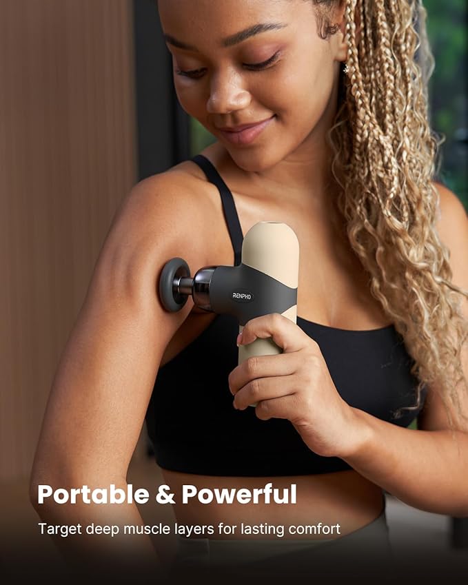 RENPHO Mini Thermal Massage Gun with Heat Portable Deep Tissue Percussion Massager with 4 Heads for Neck &amp Back Comfort Ultra-Quiet Operation for Home Office &amp Travel Includes Compact Carr
