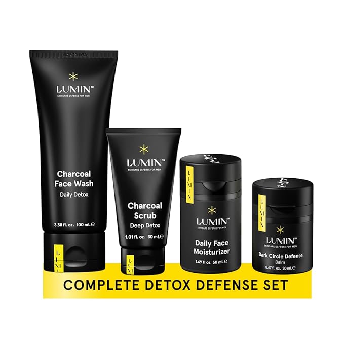 Lumin 4 Piece Men Skincare Set with Charcoal Face Wash Deep Scrub Daily Moisturizer &amp Dark Circle Defense Balm Helps Detoxing &amp Hydrating for All Skin Types