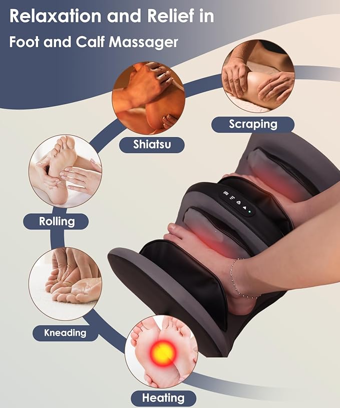 Foot Calf Massager with Heat Air BagShiatsu Feet Massagers Machine with Massage RollerAuto-Off Timers - Deep Kneading Relief for Plantar FasciitisNeuropathyDaily Fatigue (Gray)