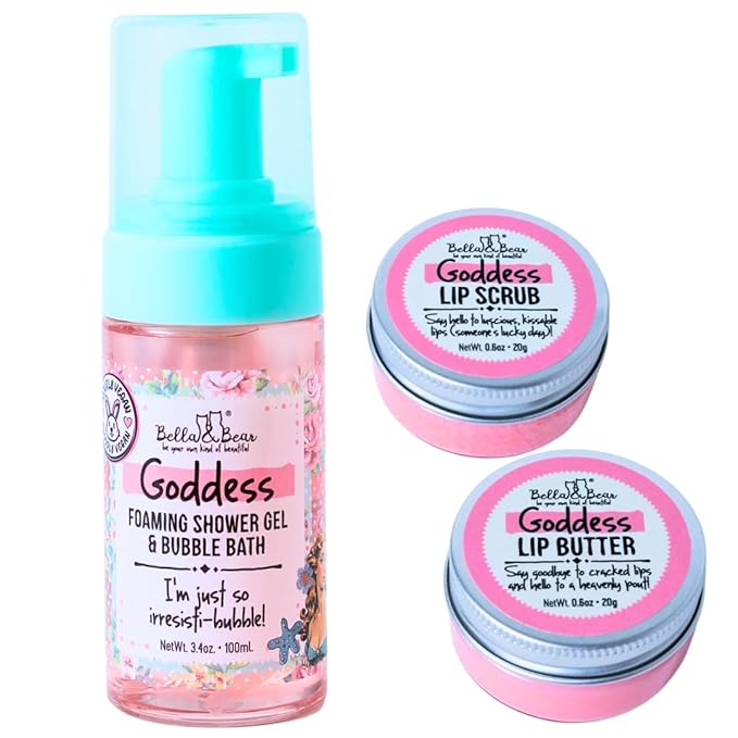 Bella &amp Bear Goddess Mini Bath &amp Body Gift Set with 2 in1 Foaming Shower Gel &amp Bubble Bath Lip Scrub Lip Butter - Gift - Teens - Tweens - Women