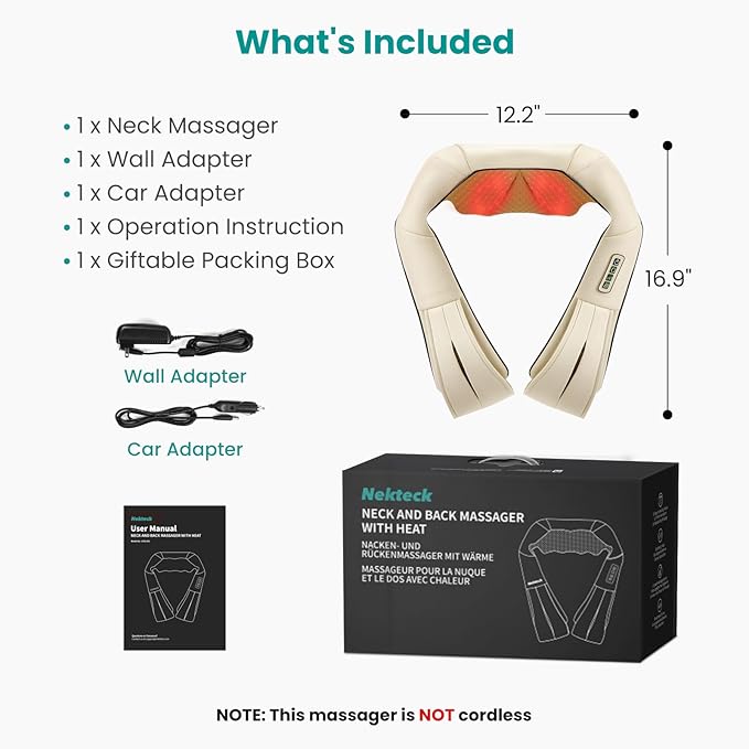 Nekteck Shiatsu Neck Massager with Heat for Pain Relief Deep Tissue 2026 Upgraded 3D Back Shoulder Kneading Massage Pillow Body Muscle Relaxation Tools Gifts for Him Her Beige (NOT Cordless)