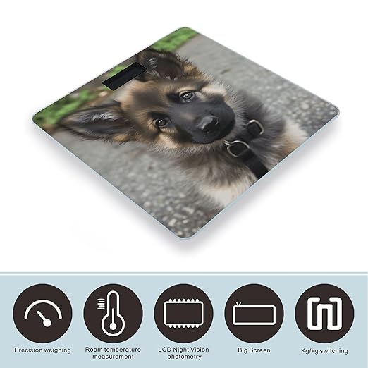 Cute German Shepherd Puppy Bathroom Scale Large LCD Backlight Display Digital Scale Rounded Corners Body Scales Automatic Power On/Off Bathroom Scales for Home Bedrooms