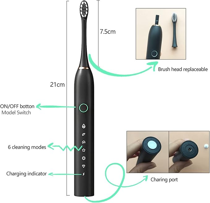 Generic Electric Toothbrush with 8 Brush Heads &amp 6-Speed Rechargeable Electric Powered Toothbrush for Adults Smart Powerful Electric Toothbrush Black