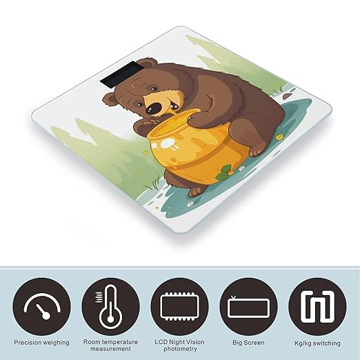 Bear Eats Honey Scale with LCD Precision Weighing Scales Sturdy Tempered Glass Weight Scales Easy-to-Read Anti-Slip Weight Digital Bathroom Scale for Daily