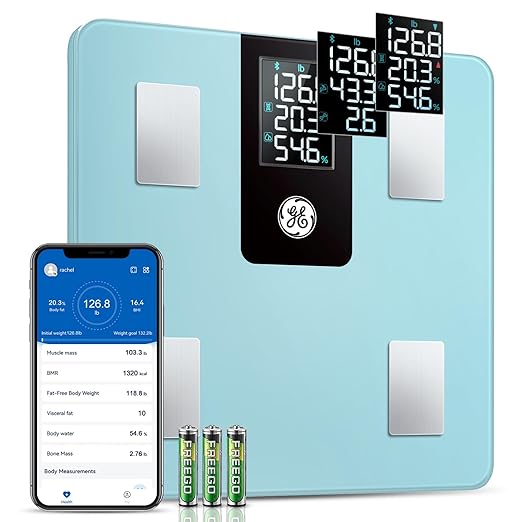 GE Smart Scale for Body Weight BMI Fat Muscle Mass with 14 Body Composition Metrics &amp All-in-one LCD Display Digital Bathroom Weight Monitor Bluetooth with App Accurate Weighing Machine 400lb Bl