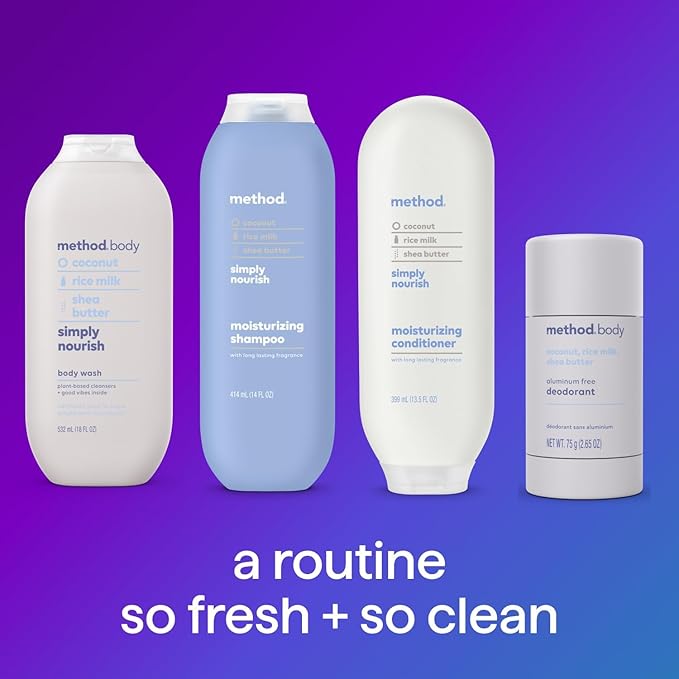Bundle of Method Simply Nourish Body Wash 18 oz + Coco Twist Body Lotion 14 oz + Simply Nourish Shampoo 14 oz + Simply Nourish Conditioner 13.5 oz + Coco Twist Deodorant 2.65 oz
