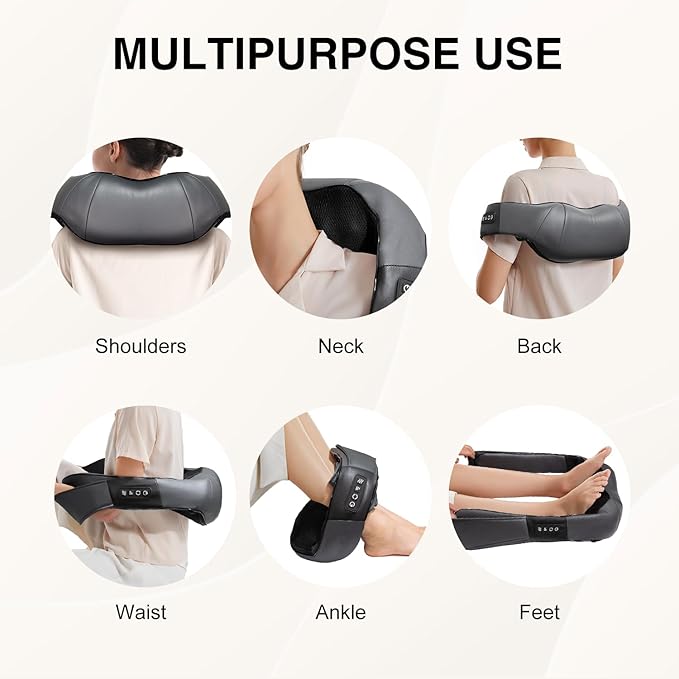 Nekteck Shiatsu Neck Massager with Heat for Pain Relief Deep Tissue 2026 Upgraded 3D Back Shoulder Kneading Massage Pillow Body Muscle Relaxation Tool Gifts for Him Her Mom Dad Gray (NOT Cordless)