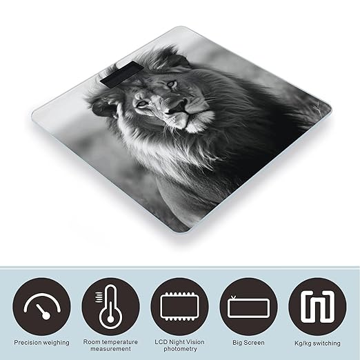 African Lion Black and White Scale for Body Weight Safe Rounded Corners Tempered Glass Digital Bathroom Scale LED Display 400lb Capacity Weight Scales with High Precision Sensors