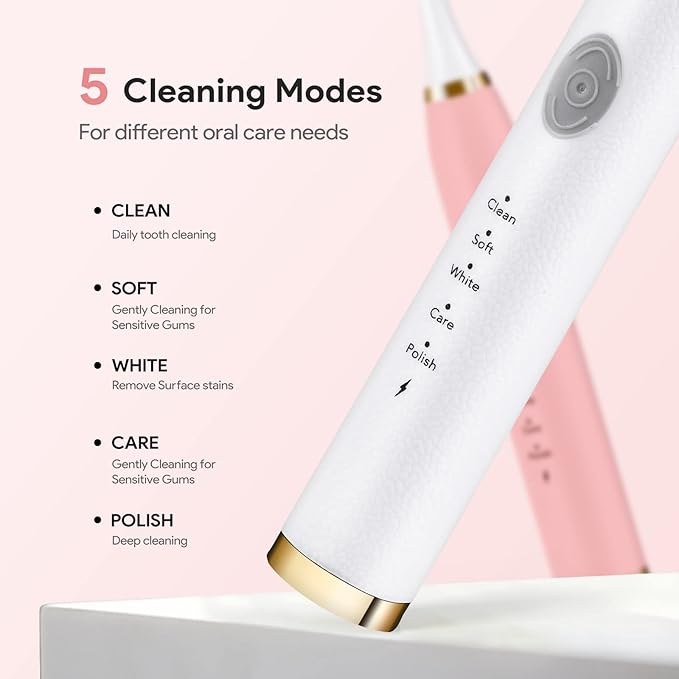 Dnil 2-Pack Sonic Electric Toothbrushes for Adults Rechargeable with Long-Lasting Battery 35000 VPM High-Speed Cleaning Includes 10 Brush Heads &amp 5 Custom Modes (White &amp Pink)