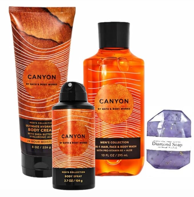 White Barn - Bath &amp Body Works - Men's Collection - 3 Piece Bundle - Spray - Body Cream - Shower Gel and Diamond Soap Soap (Canyon) Beige