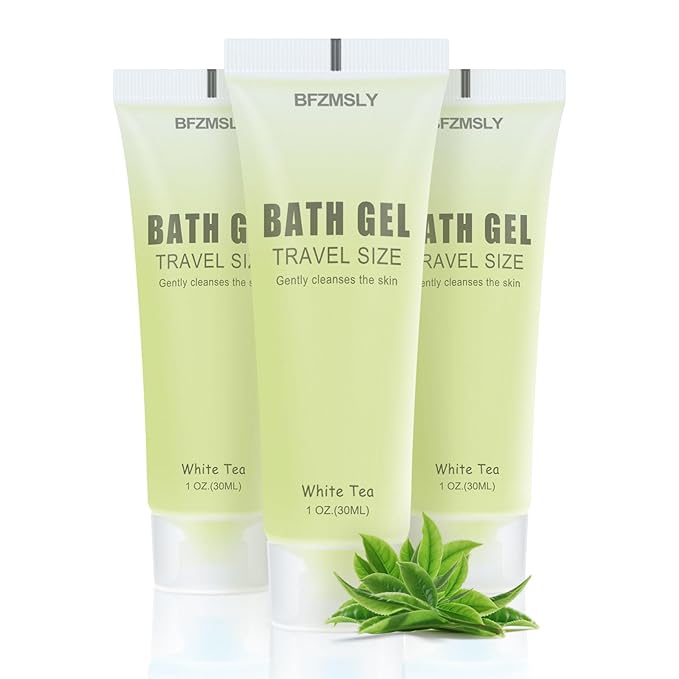 50 Pack Bulk Travel Size Body Wash 1oz Tubes White Tea Scent Mini Shower Gel for Hotel Guests TSA Approved Toiletries Individually Sealed for Airbnb Vacation Rentals