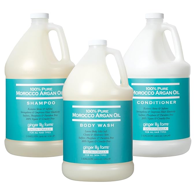 Ginger Lily Farms 100% Pure Morocco Argan Oil Body Wash + Shampoo + Conditioner Bundle 1 Gallon Each