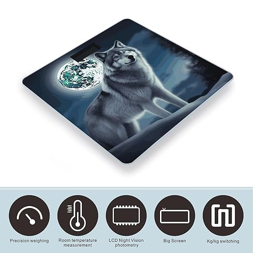 Wolf Under Moon Bathroom Scale for Body Weight Bathroom Digital Electronic Weighing Scale with Back Lit LED Display Sturdy Tempered Glass Weight Watchers Scales 400lb