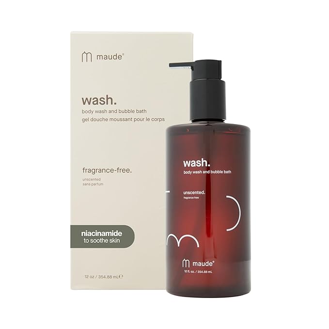 Maude Wash - pH Balanced Moisturizing Body Wash - Unscented Body Soap &amp Bubble Bath - With Smoothing Niacinamide &amp Aloe - Gentle Everyday Shower Gel &amp Relaxing Bath Soap - No.0 (12 oz)