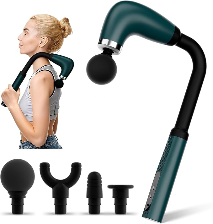 Massage Gun with Upgraded Extension HandleBack Massage Gun Deep TissueBack Massager for Pain Relief for Muscles Neck Shoulders Waist Arm Legs Foot4 Replaceable Heads &amp 9 Speeds (Green)