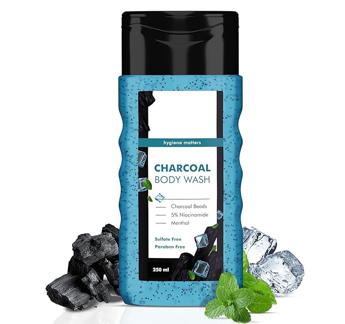 HK Charcoal &amp Menthol Body Wash | With Menthol 5% Niacinamide &amp Activated Charcoal Beads | For Instant Cooling Odor Protection &amp Improves Skin texture | 250ml