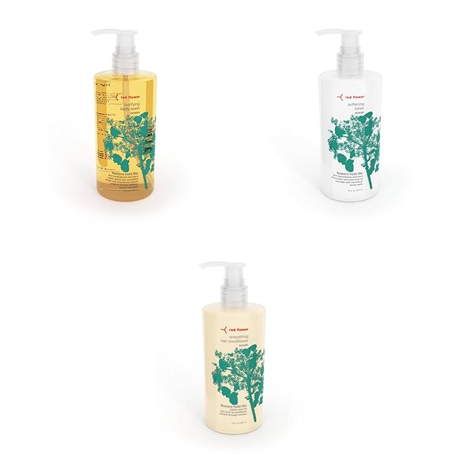 Red Flower Ocean Triple Care Set: Purifying Body Wash Softening Lotion and Ocean Smoothing Hair Conditioner for Hydrated Skin and Silky Hair