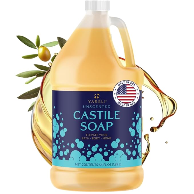 YARELI Pure Castile Soap Liquid Unscented with All Organic Oils for Adults Kids and Babies as Body Wash or Hand Soap 64oz Refill