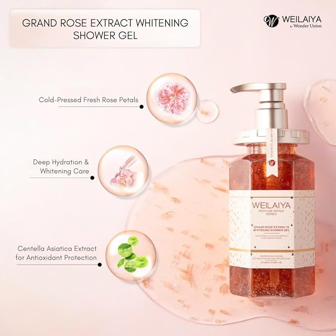 Weilaiya Damask Grand Rose Extract Shower Gel – 450mL / 15.2 fl oz – Moisturizing Body Wash with Natural Rose Essence – Gentle Hydrating Aromatherapy Cleanser for All Skin Types